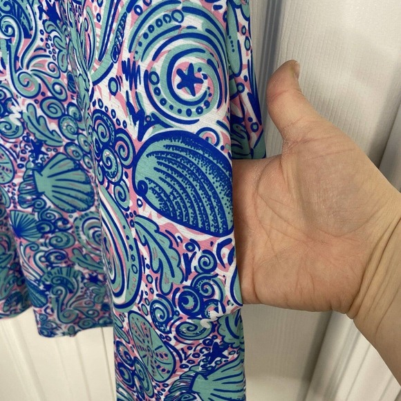 Simply Southern Seashell Print Cold Shoulder Dress Size Medium Blue Pink Stretch - Picture 3 of 9